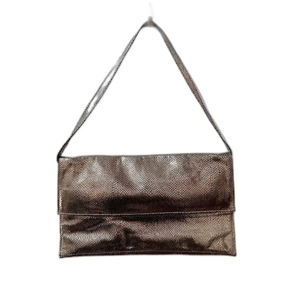 Julie K Knapp Designer Womens Pewter Metallic Clutch Shoulder Bag Faux Snakeskin
